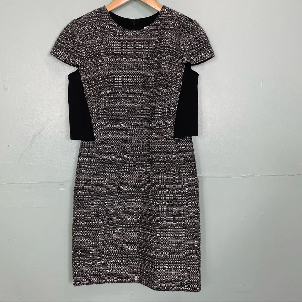 Tory‎ Burch Deandra Tweed Mock Crepe Detail Metallic Silver Mini Dress Size 4
